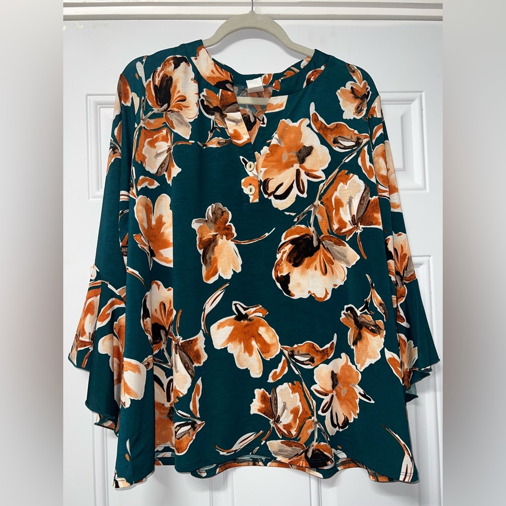 Sew In Love Wrinkle Free Floral Blouse with bell sleeve, size Large